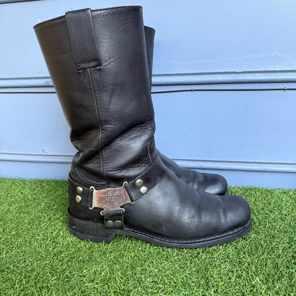 Harley Davidson Mens Black Leather Harness Biker Boots Side Zip Size 11.5 US
